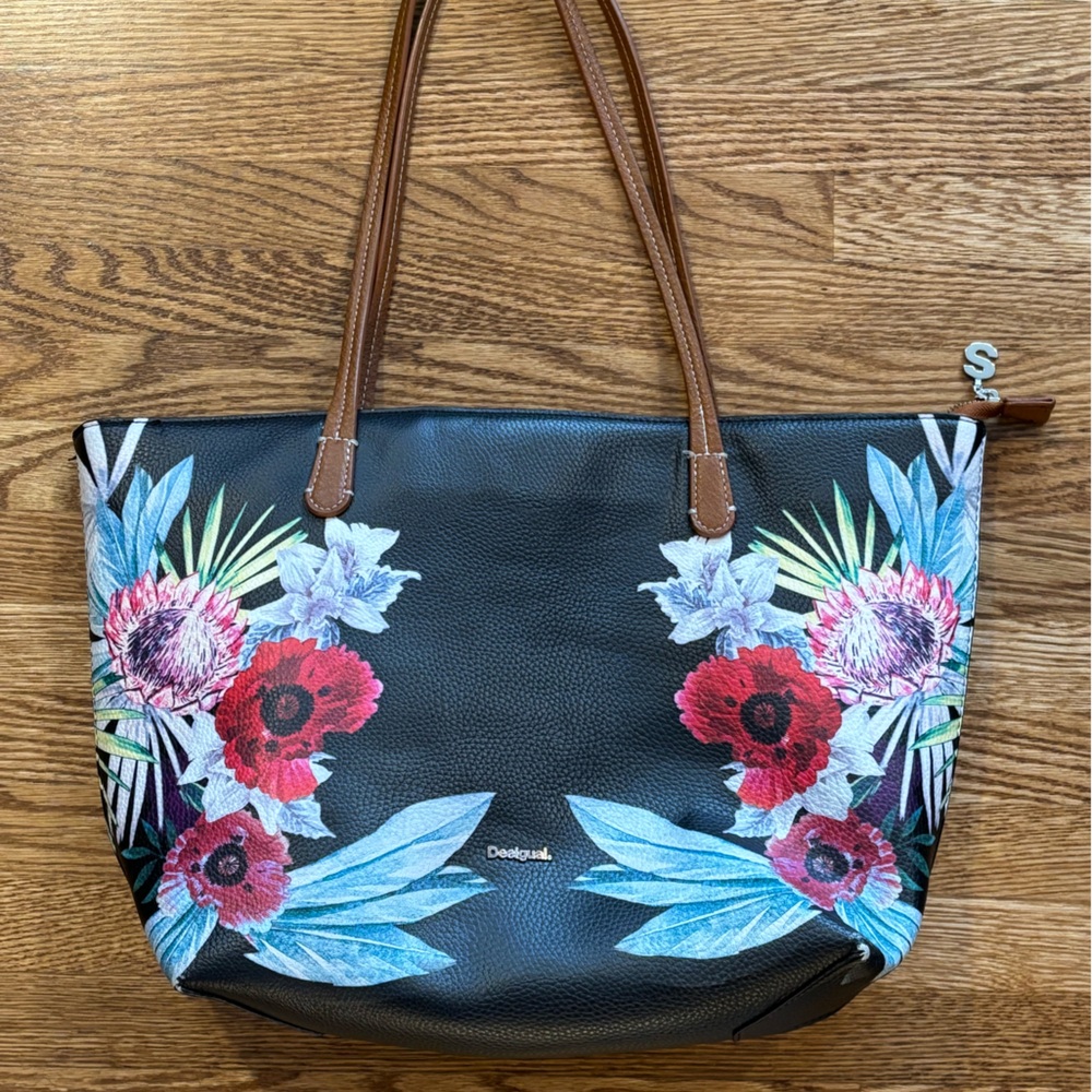 Desigual Black Tote with Red and Blue Floral Design
